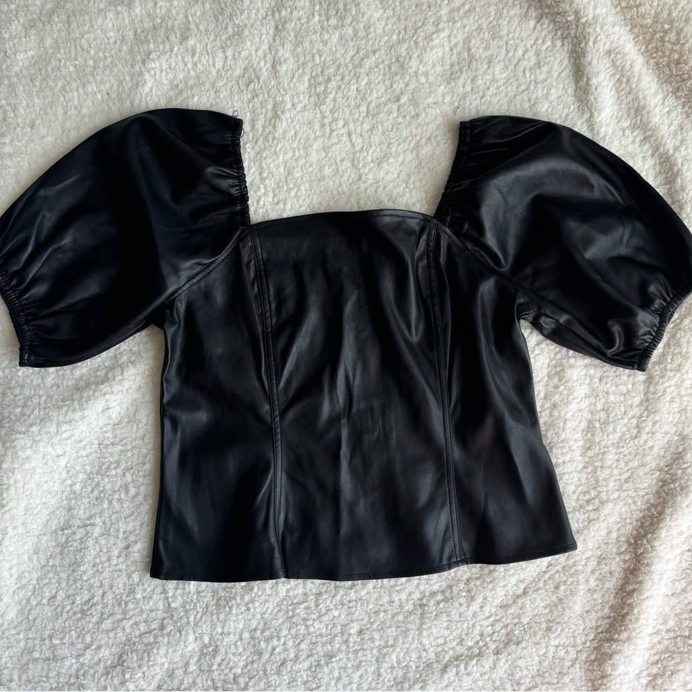 NWT Mark New York Black Faux Leather Puff Sleeve Top Size Large - NWT